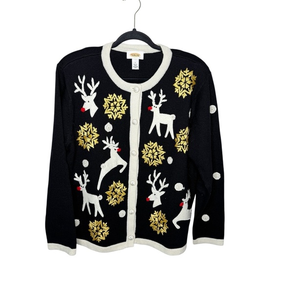 TALBOTS / vintage black white gold Christmas reindeer Christmas sweater / L - Picture 1 of 8